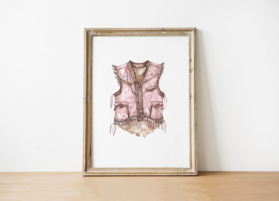 Vintage Pink Fringed Vest Watercolor Art Print Boho Western Jacket Decor Cowgirl Illustration Rustic Fashion
