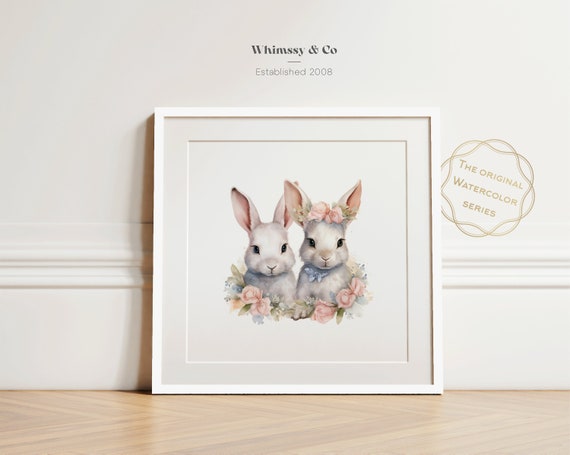 Nursery Decor Twins Rabbits Art Print Wall Twin Baby Gift First Birthday Watercolor
