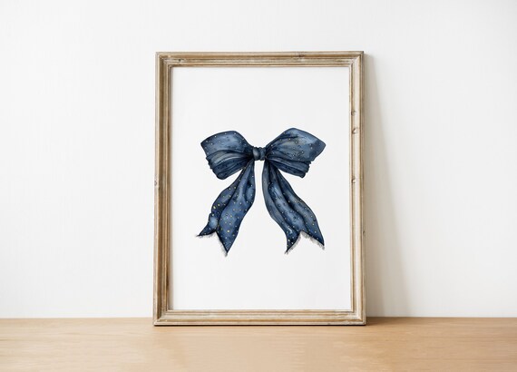 Navy Blue Watercolor Bow Gold Star Ribbon Illustration Poster