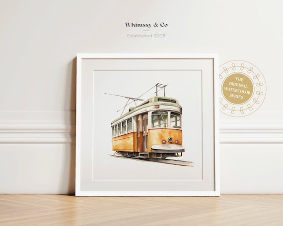 Vintage Orange Tram Watercolor Retro Streetcar Travel Poster