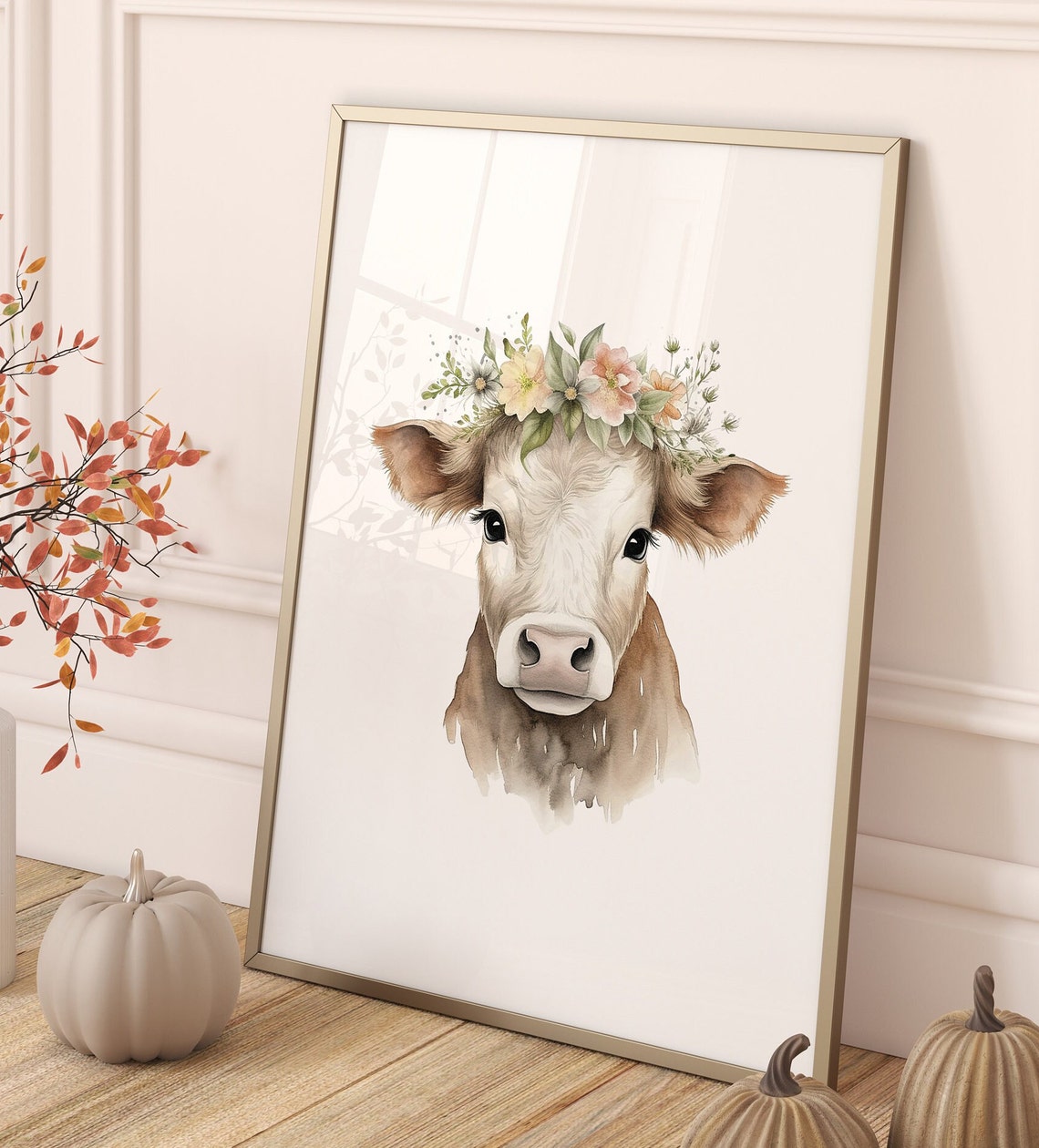 Sweet Cow with Flower Crown Watercolor Farm Nursery Fine Art Poster