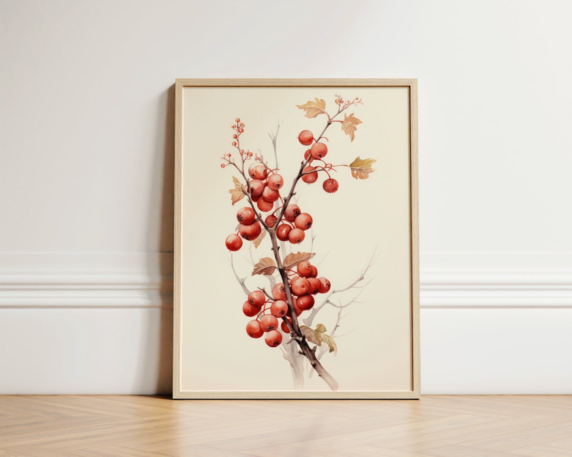 Hawthorn Red Berries Watercolor Botanical Autumn Fall Decor Poster