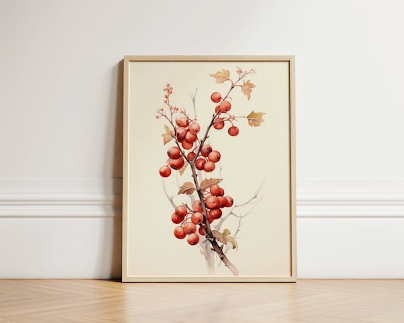 Hawthorn Red Berries Watercolor Botanical Autumn Fall Decor Poster