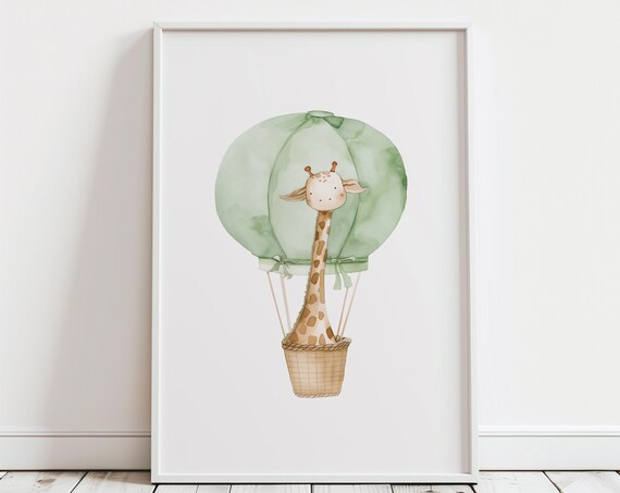 Giraffe Green Hot Air Balloon Neutral Baby Nursery Watercolor Poster
