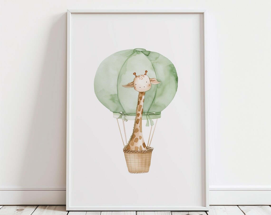 Giraffe Green Hot Air Balloon Neutral Baby Nursery Watercolor Poster