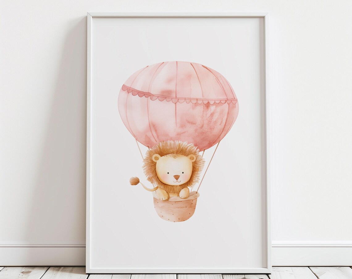 Lion Cub Pink Hot Air Balloon Baby Girl Nursery Watercolor Poster