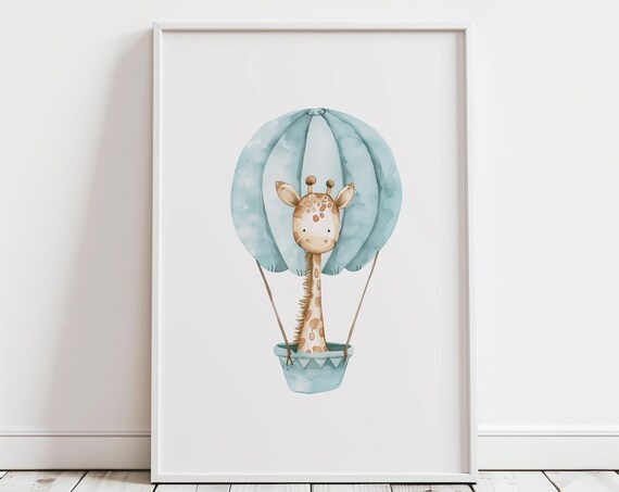 Giraffe Hot Air Balloon Blue Watercolor Baby Nursery Wall Art