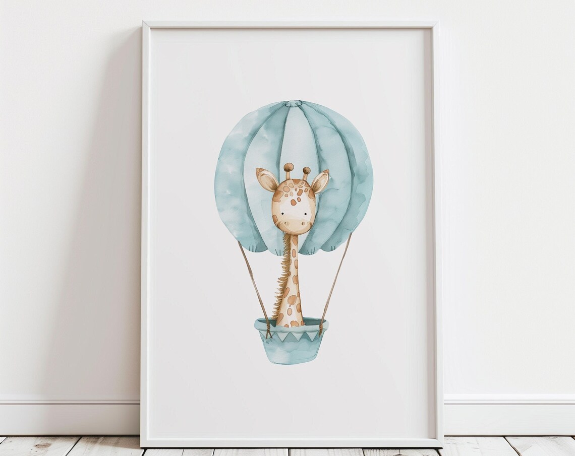 Giraffe Hot Air Balloon Blue Watercolor Baby Nursery Wall Art