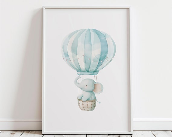 Hot Air Balloon Art Boho Safari Animal Nursery Prints Baby Boy Blue Nursery Wall Art Transportation Travel