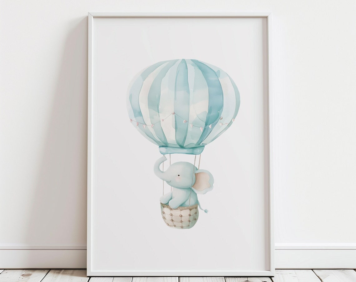 Baby Elephant Blue Hot Air Balloon Boy Nursery Watercolor Poster