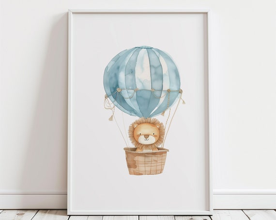 Hot Air Balloon Art Boho Safari Animal Nursery Prints Baby Boy Blue Nursery Wall Art Transportation Travel