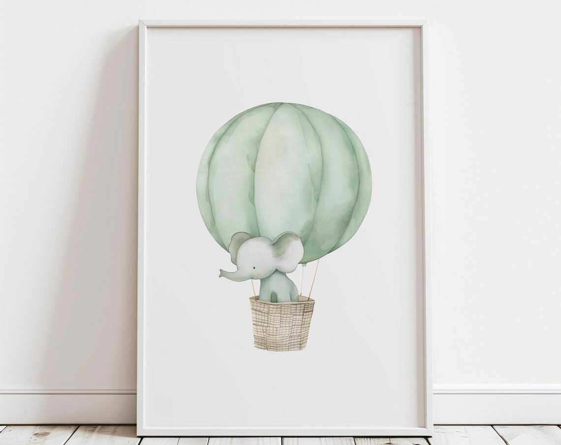Safari Elephant Hot Air Balloon Watercolor Baby Nursery Wall Art