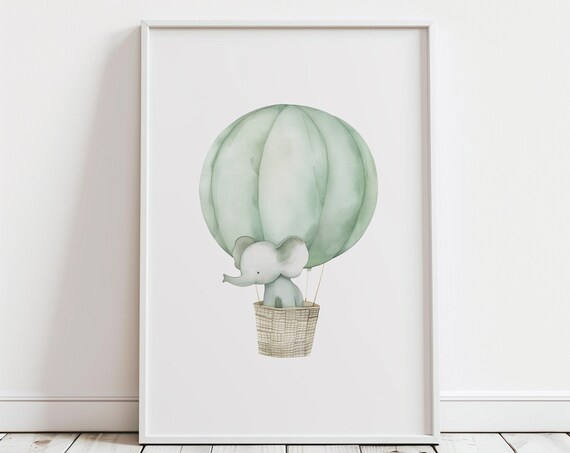 Safari Elephant Hot Air Balloon Watercolor Baby Nursery Wall Art