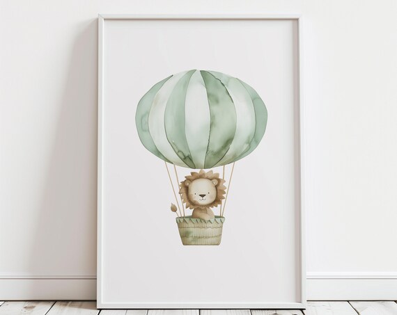 Boho Safari Lion Hot Air Balloon Watercolor Baby Nursery Wall Art