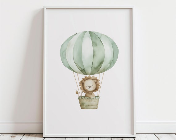 Green Hot Air Balloon Art Boho Safari Animal Nursery Prints Neutral Nursery Wall Art Vintage Travel