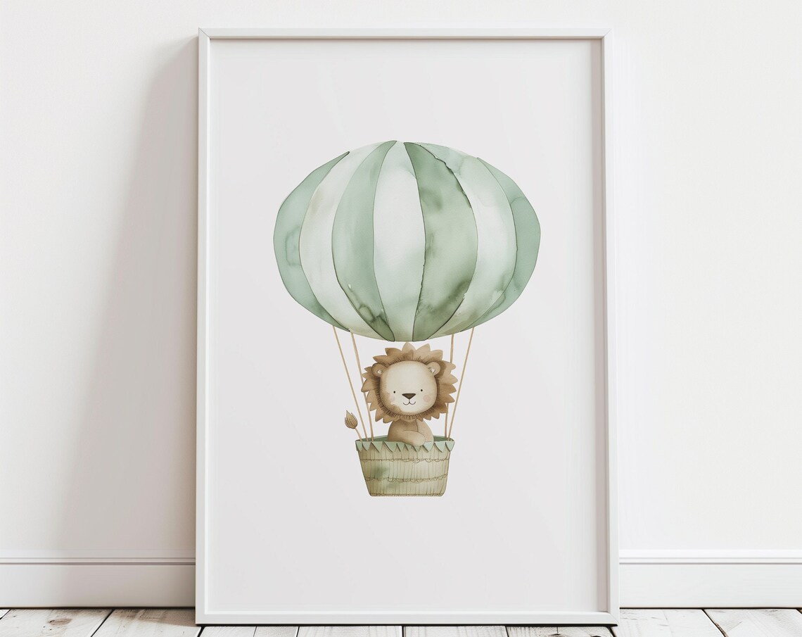 Boho Safari Lion Hot Air Balloon Watercolor Baby Nursery Wall Art