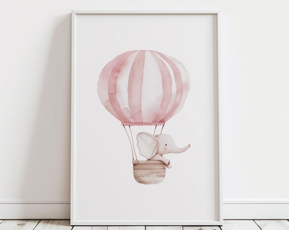 Hot Air Balloon Art Boho Safari Animal Nursery Prints Baby Girl Pink Nursery Wall Art Vintage Travel