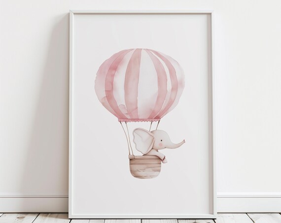 Pink Elephant Hot Air Balloon Watercolor Nursery Baby Wall Art