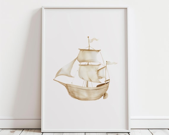 Watercolor Pirate Ship Nautical Kids Room Adventure Story Print