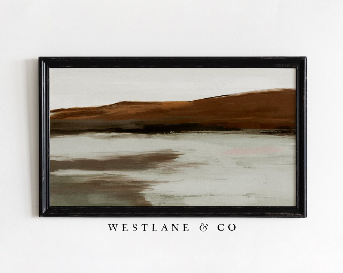 Modern Abstract Coastal Landscape Rust Brown Hills Pale Water Wall Art Poster - Image 2