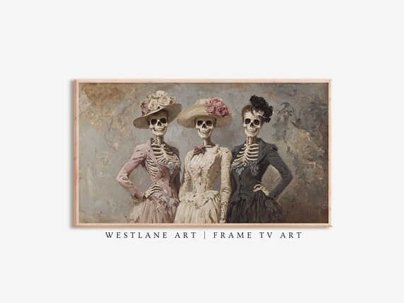 Elegant Skeleton Ladies Victorian Dresses Vintage Halloween Wall Art