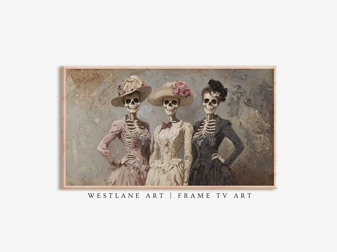 Elegant Skeleton Ladies Victorian Dresses Vintage Halloween Wall Art