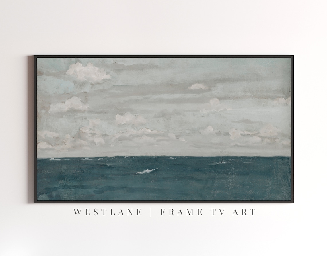 Deep Blue Ocean Seascape Oil Painting Open Sea Cloudy Sky Coastal Wall Art Poster