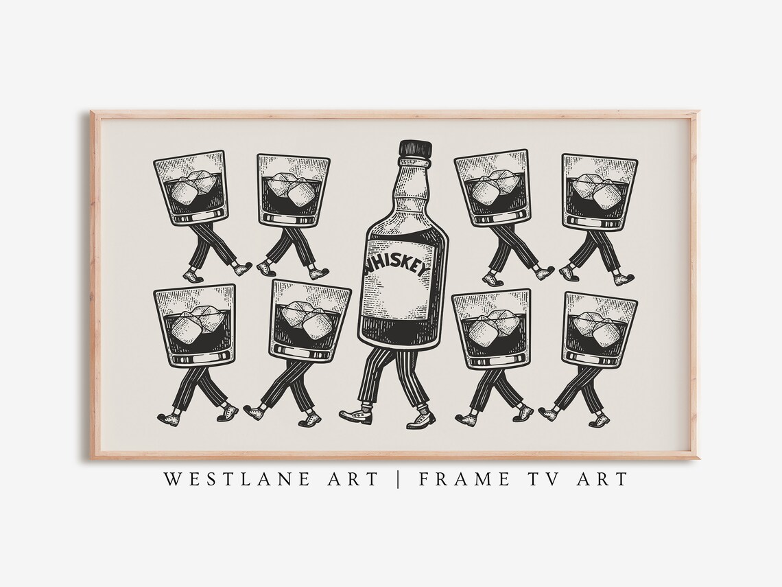 Fun Whiskey Glasses Conga Line Bar Cart Illustration Party Decor Wall Art Poster - Image 2