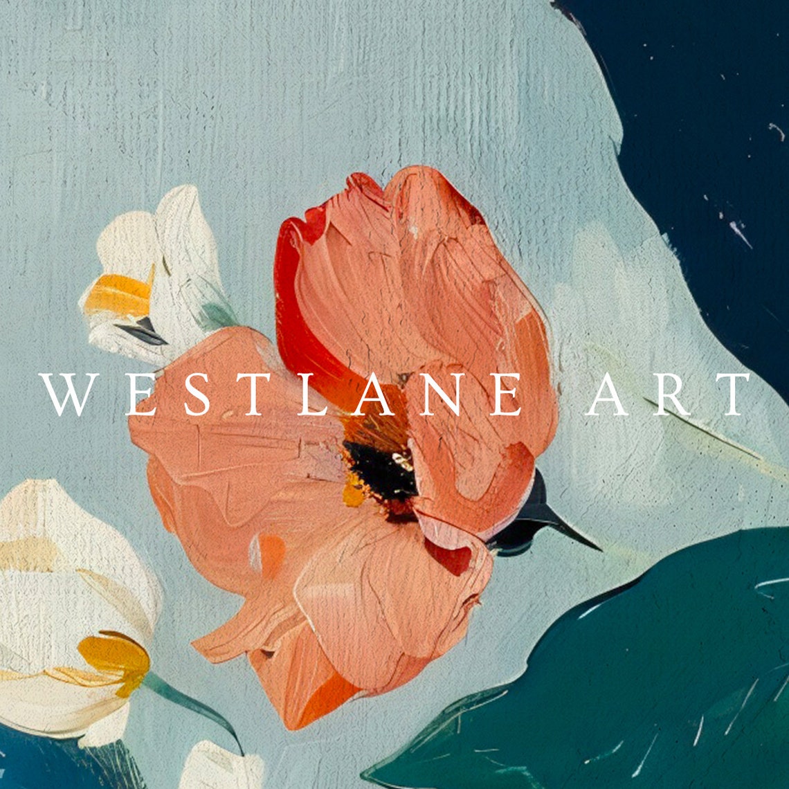 Modern Blue Abstract Floral Painting Poppies on Dusty Blue Wall Art - Image 3