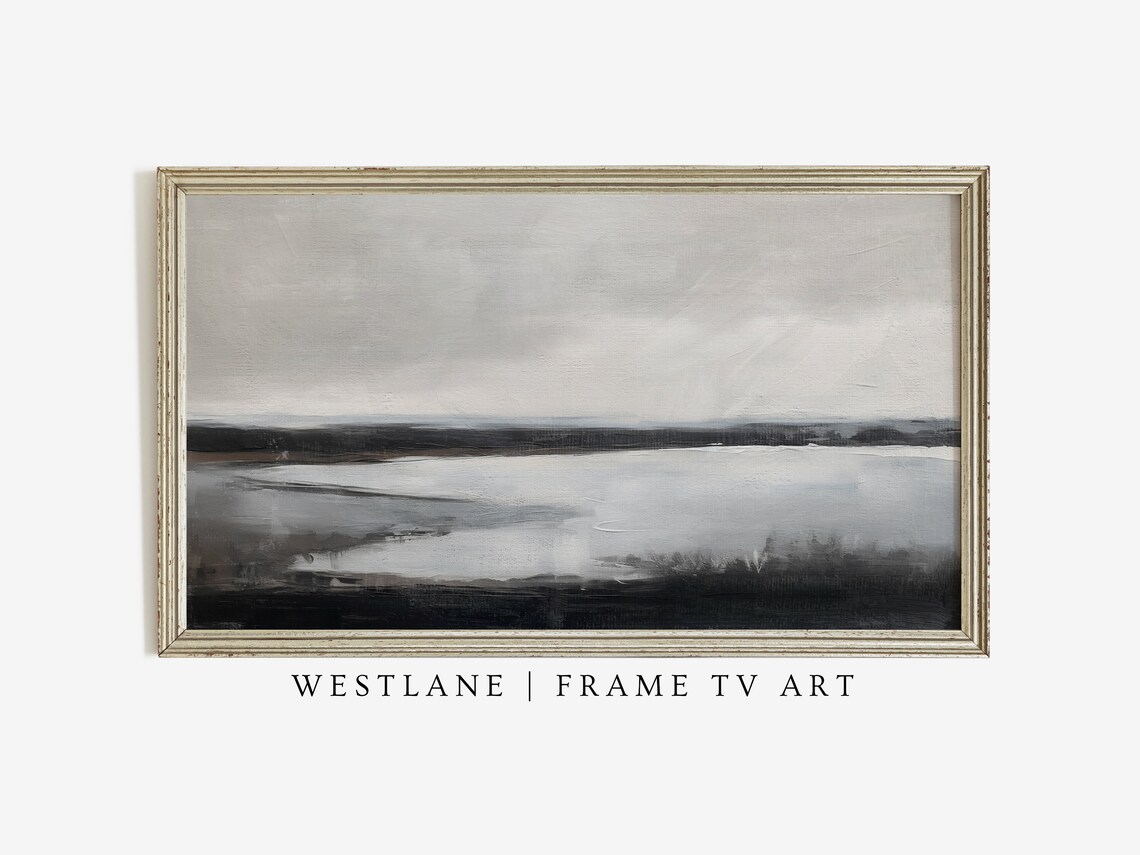 Moody Grey Abstract Stormy Lake Landscape Painting Wall Art Print