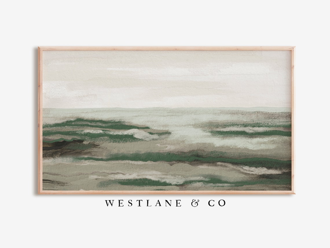 Abstract Green Ocean Waves Muted Coastal Seascape Modern Wall Art