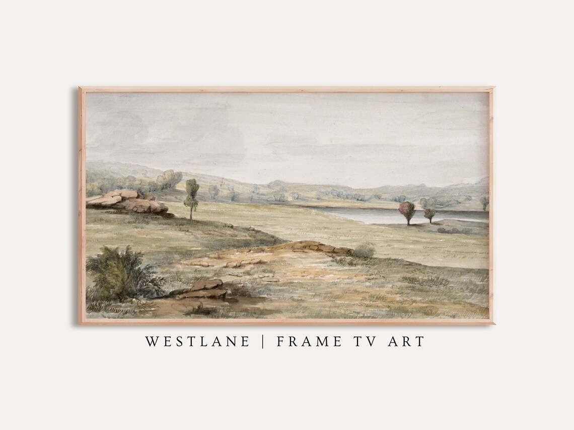 Vintage Country Hillside Landscape Rolling Fields Lake View Poster