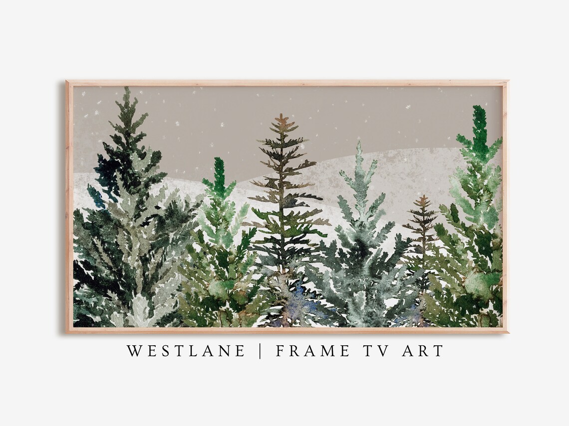 Watercolor Snowy Evergreen Forest Winter Pine Trees Painting Wall Art