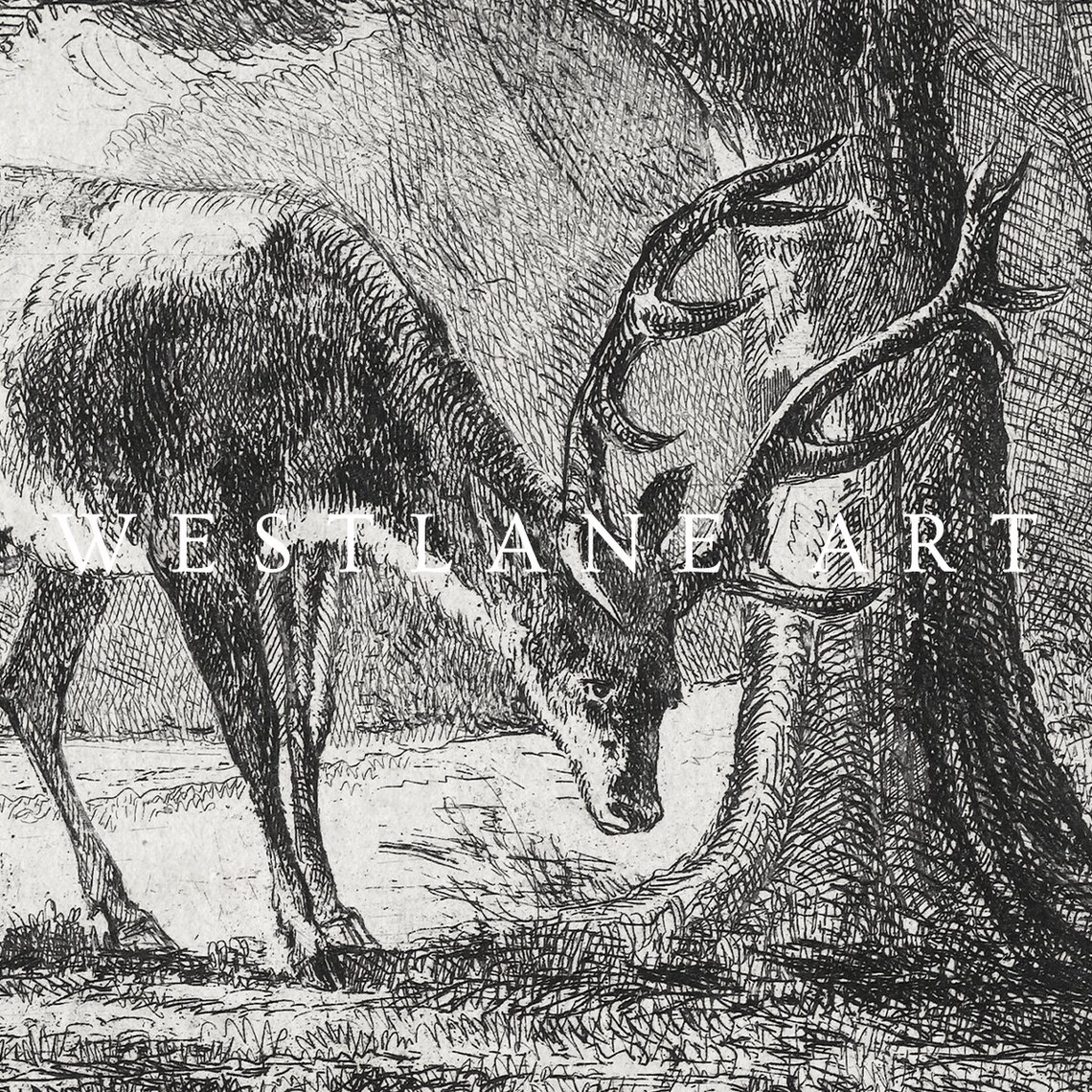Neutral Vintage Deer Sketch, Winter Forest Landscape - Image 2