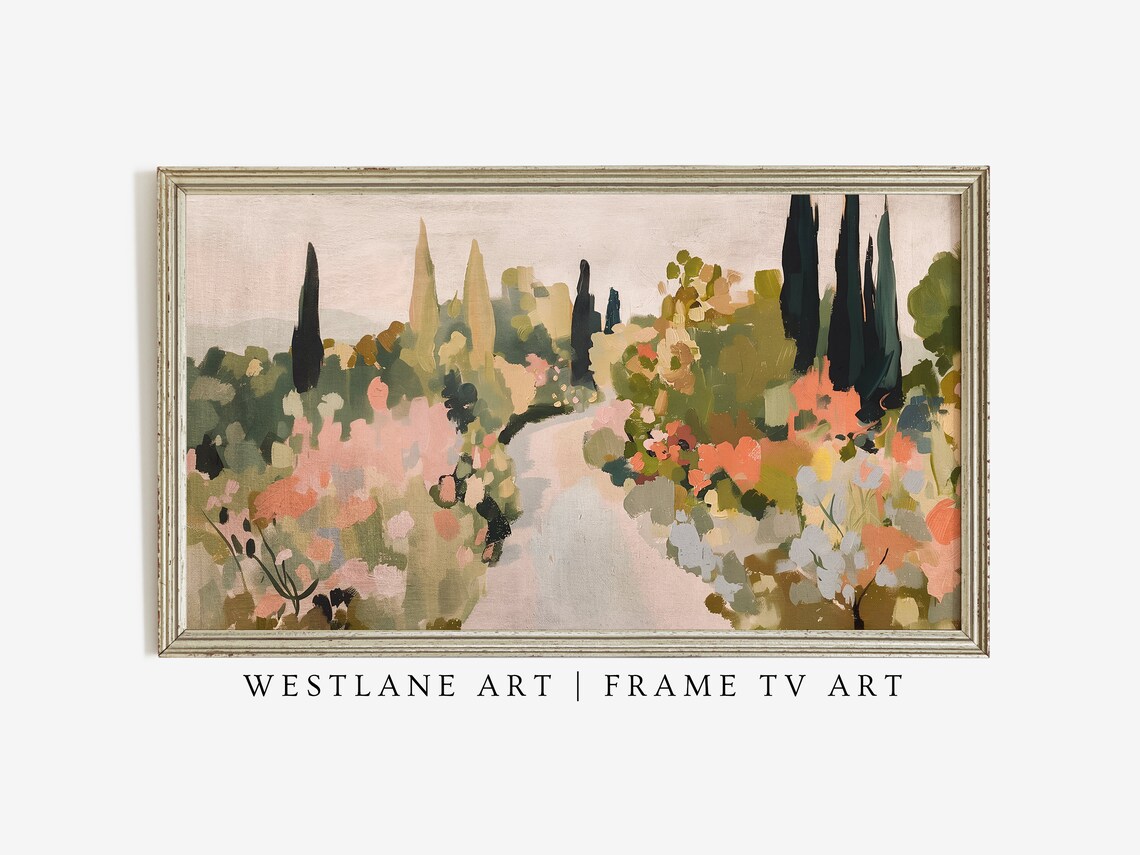 Summer Garden Path Painting Pink Flower Beds Cypress Trees Art Print - Image 3