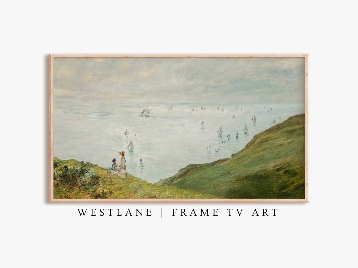 Vintage Coastal Cliff Sailboats Impressionist Seascape Painting Art