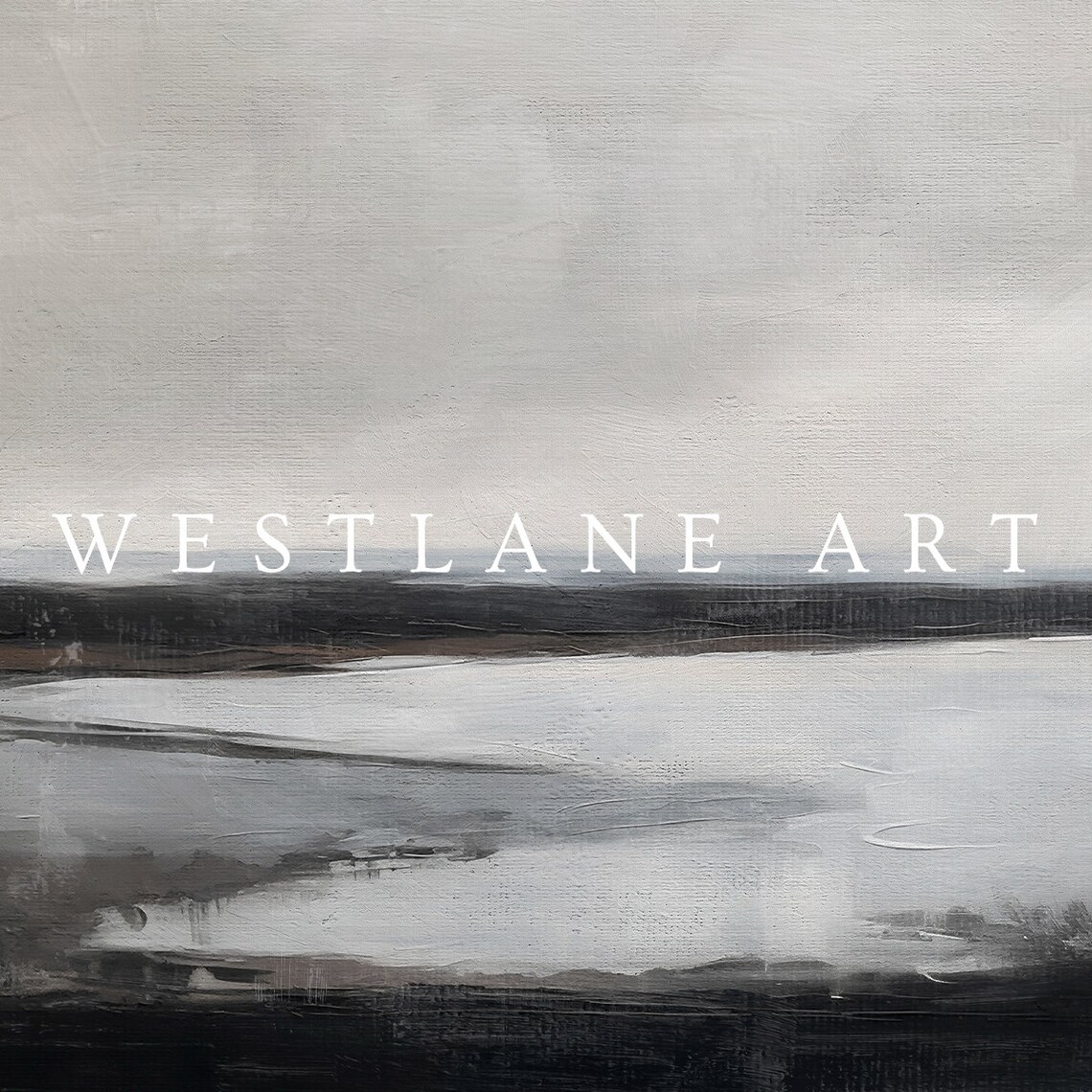 Moody Grey Abstract Stormy Lake Landscape Painting Wall Art Print - Image 2