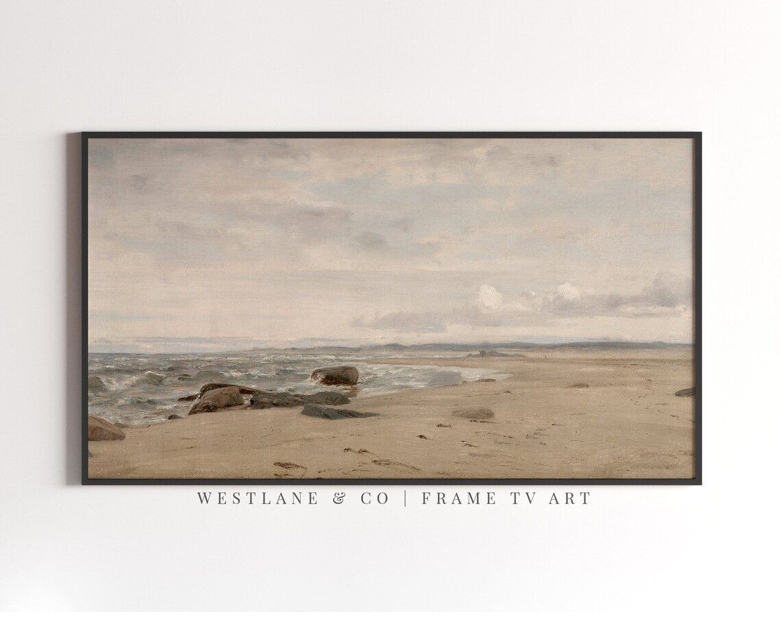 Vintage Muted Beach Painting Sandy Shore Rocks Soft Surf Hazy Sky Wall Art Poster