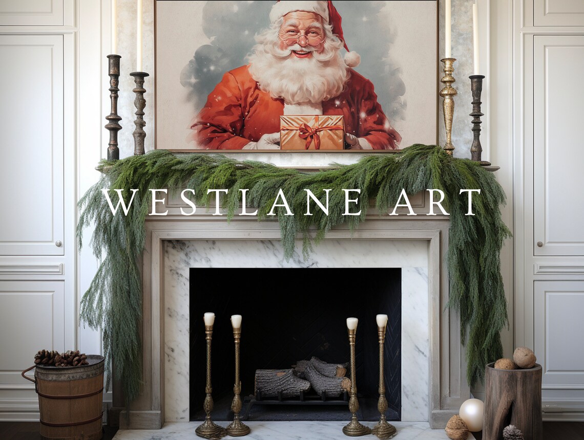 Jolly Retro Santa Claus Holding Gift Vintage Christmas Art Poster - Image 2