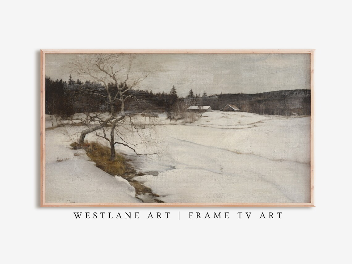 Snowy Country Winter Landscape With Cabins Oil Painting Poster