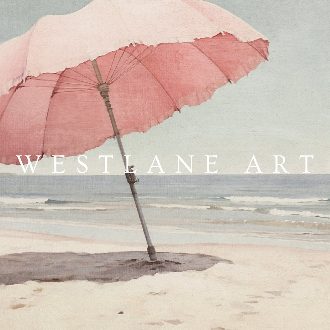 Pink Beach Umbrella Empty Sandy Shore Calm Sea Minimal Poster - Image 2