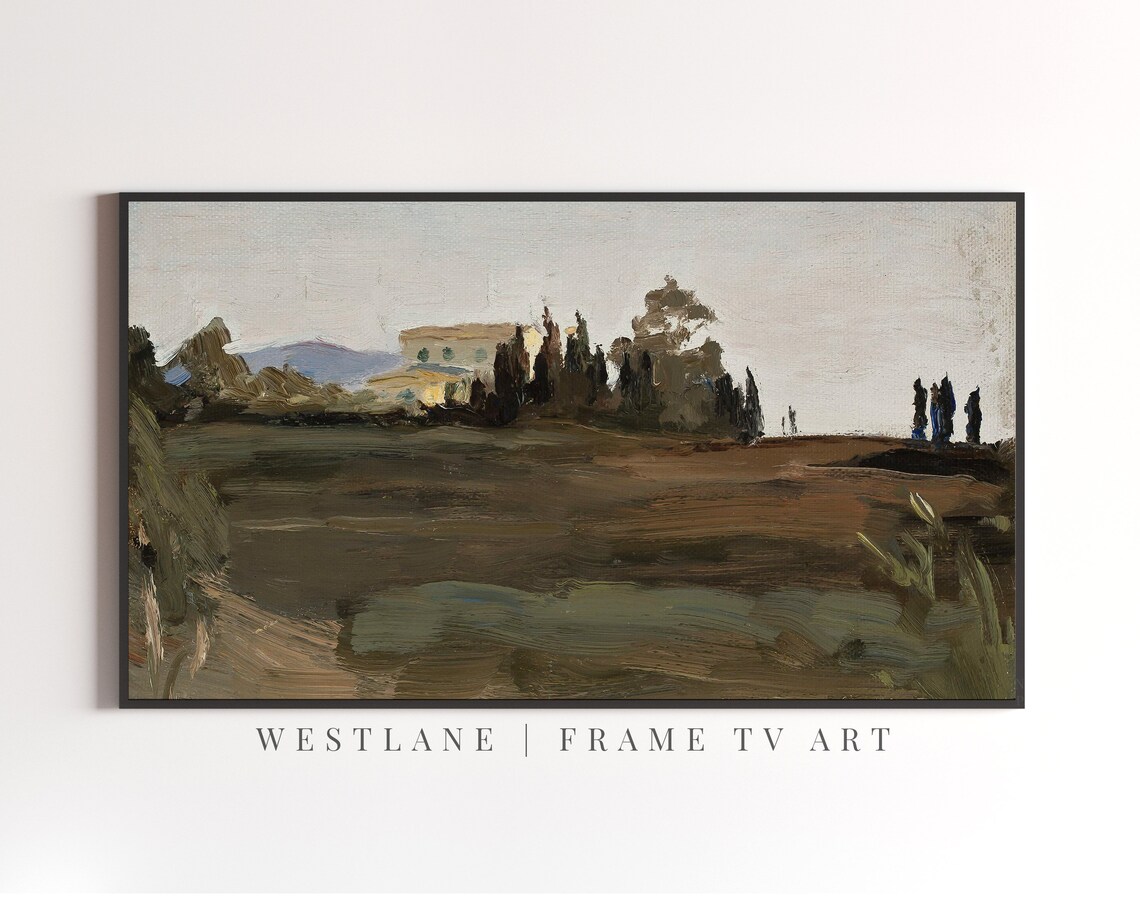 Vintage European Villa Dark Green Landscape Oil Painting Wall Art - Image 2