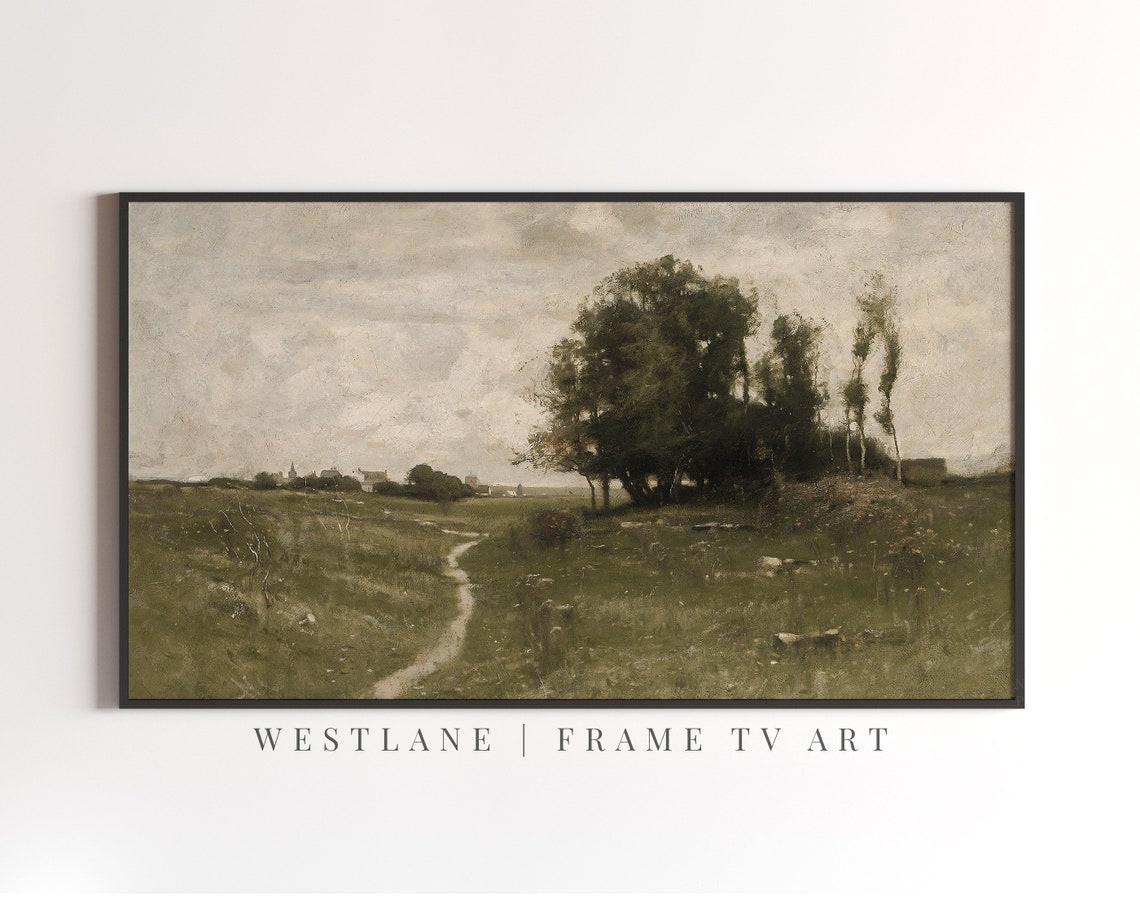 Dark Moody Vintage Country Field Path Old Trees Landscape Poster - Image 2