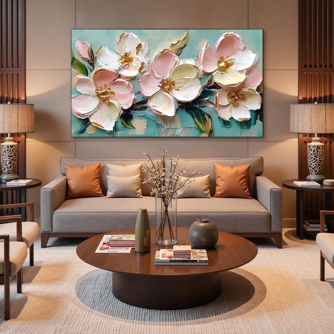 Pink Magnolia Blossoms with Gold Edges on Teal Canvas Art Poster - Image 2
