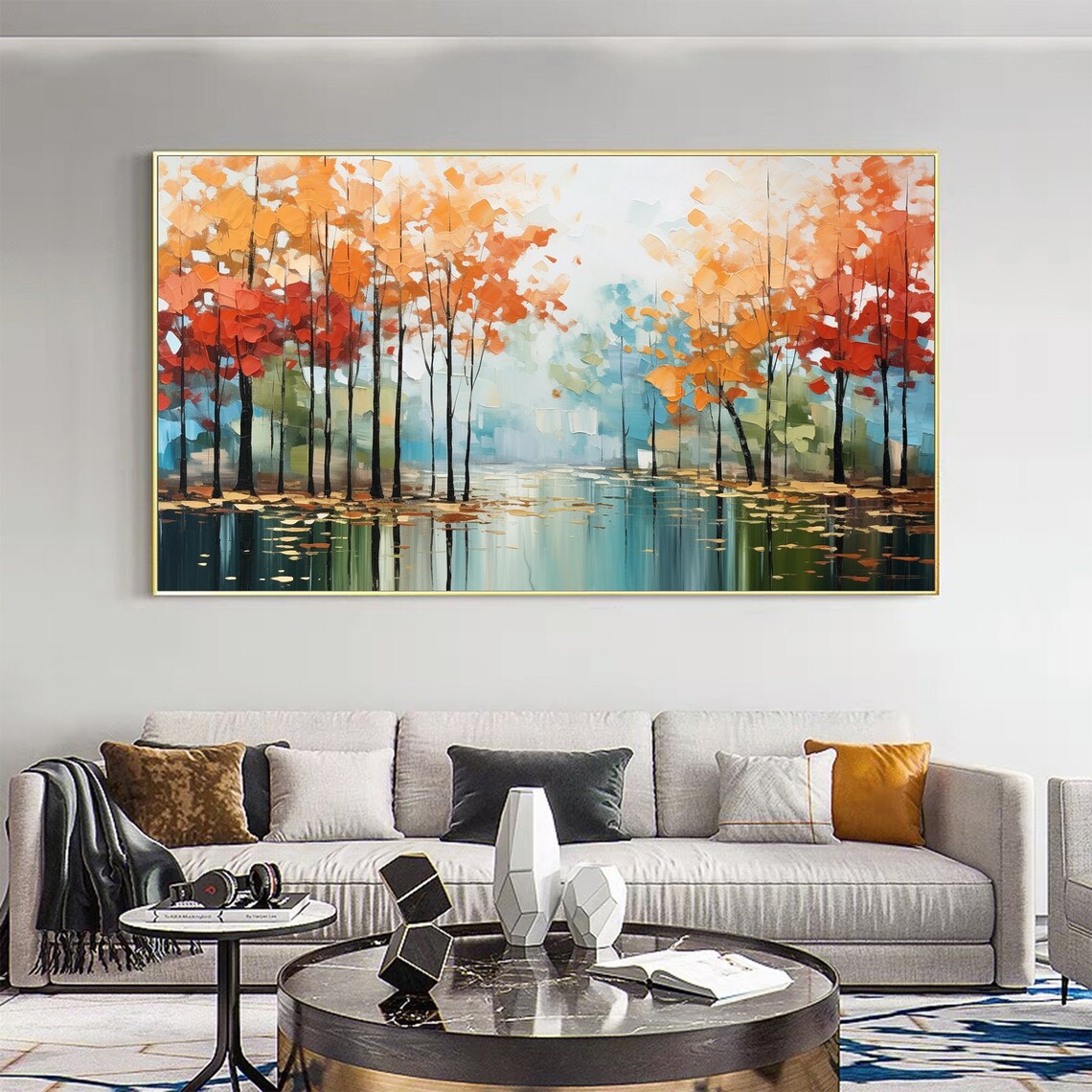 Autumn Forest Trees Reflecting Lake Impasto Landscape Painting Poster - Image 2