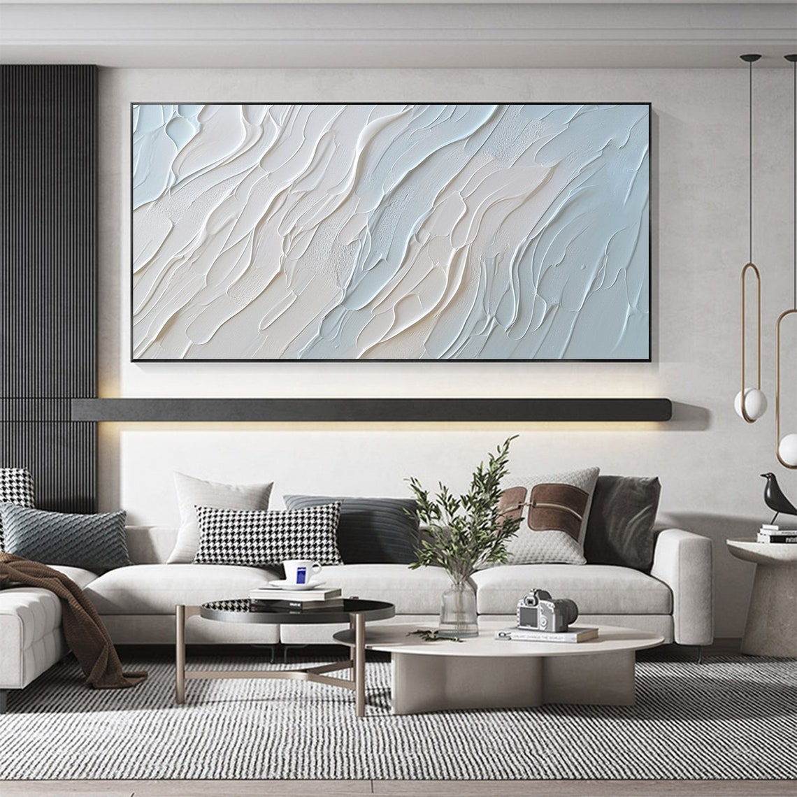 White Blue Diagonal Wave Texture Modern Abstract Painting Poster - Image 2