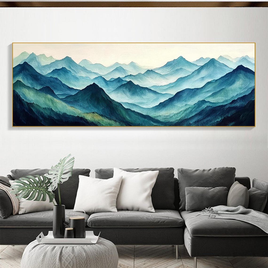 Layered Blue Mountain Ridges Panorama in Misty Teal Tones Poster