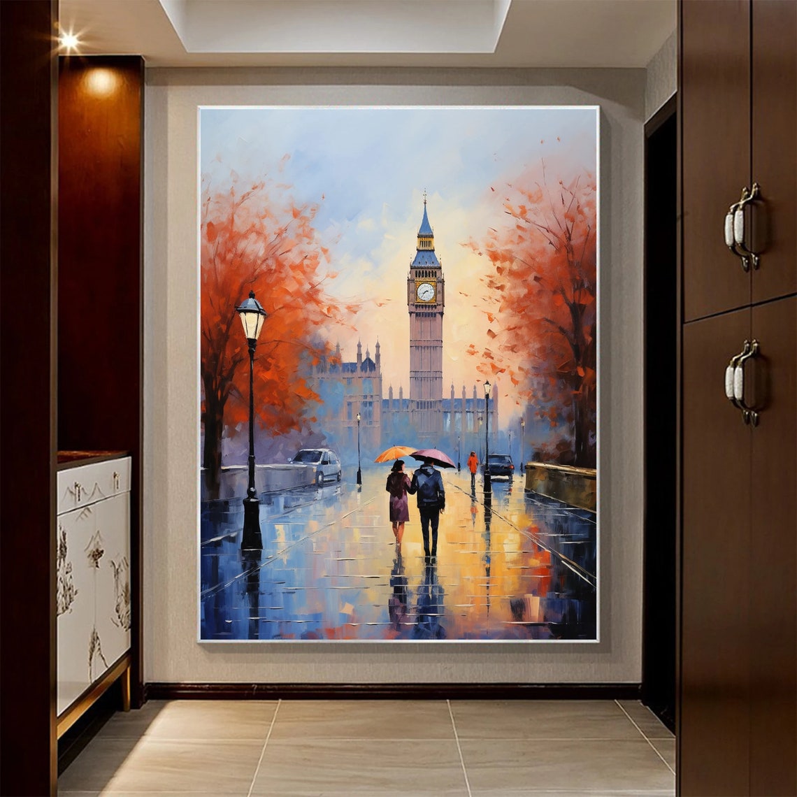 Rainy London Bridge at Sunset with Couple Under Umbrella Poster - Image 2