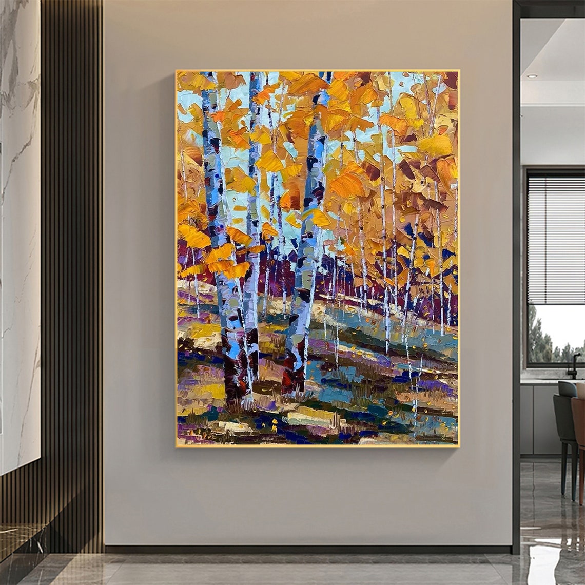 Golden Autumn Birch Trees in Vertical Impasto Oil Style Poster - Image 6