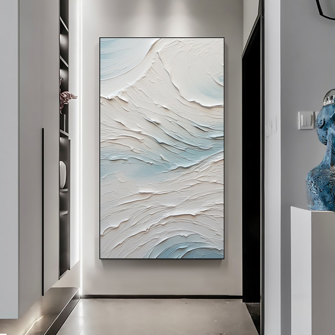 Vertical White Pale Blue Swirl Wave Textured Abstract Painting Poster - Image 6